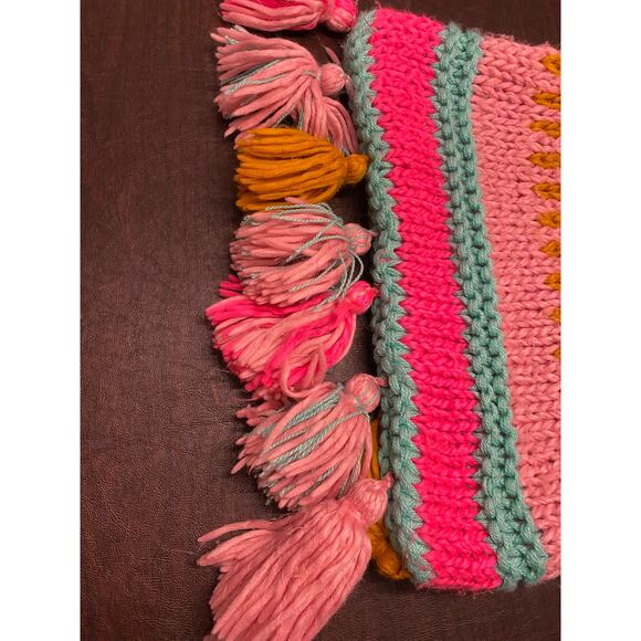 Knitted multicolored tasseled throw pillow cover 19x20 Hippie Boho Eclectic Fun - Picture 3 of 7